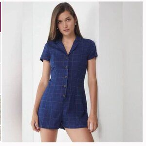 Urban Outfitters Sonata Blue Plaid Button Down Romper Sz XS FUN FLIRTY PLAYFUL